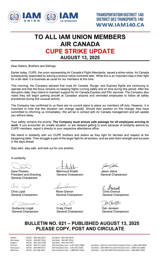 Bulletin No. 021 - IAM AIR CANADA - CUPE STRIKE UPDATE - AUGUST 13 2025 - ENGLISH