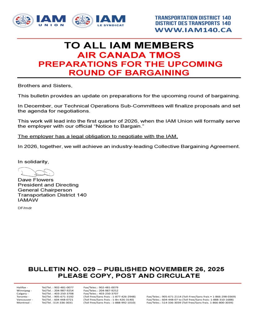 Bulletin No. 029 - Air Canada TMOS - Preparations for the Upcoming Round of Bargaining - November 26, 2025 - ENGLISH