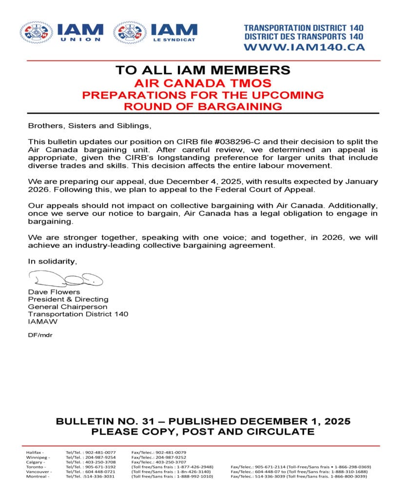 Bulletin No. 031- Air Canada TMOS - Preparations for the Upcoming Round of Bargaining - December 1, 2025 - ENGLISH