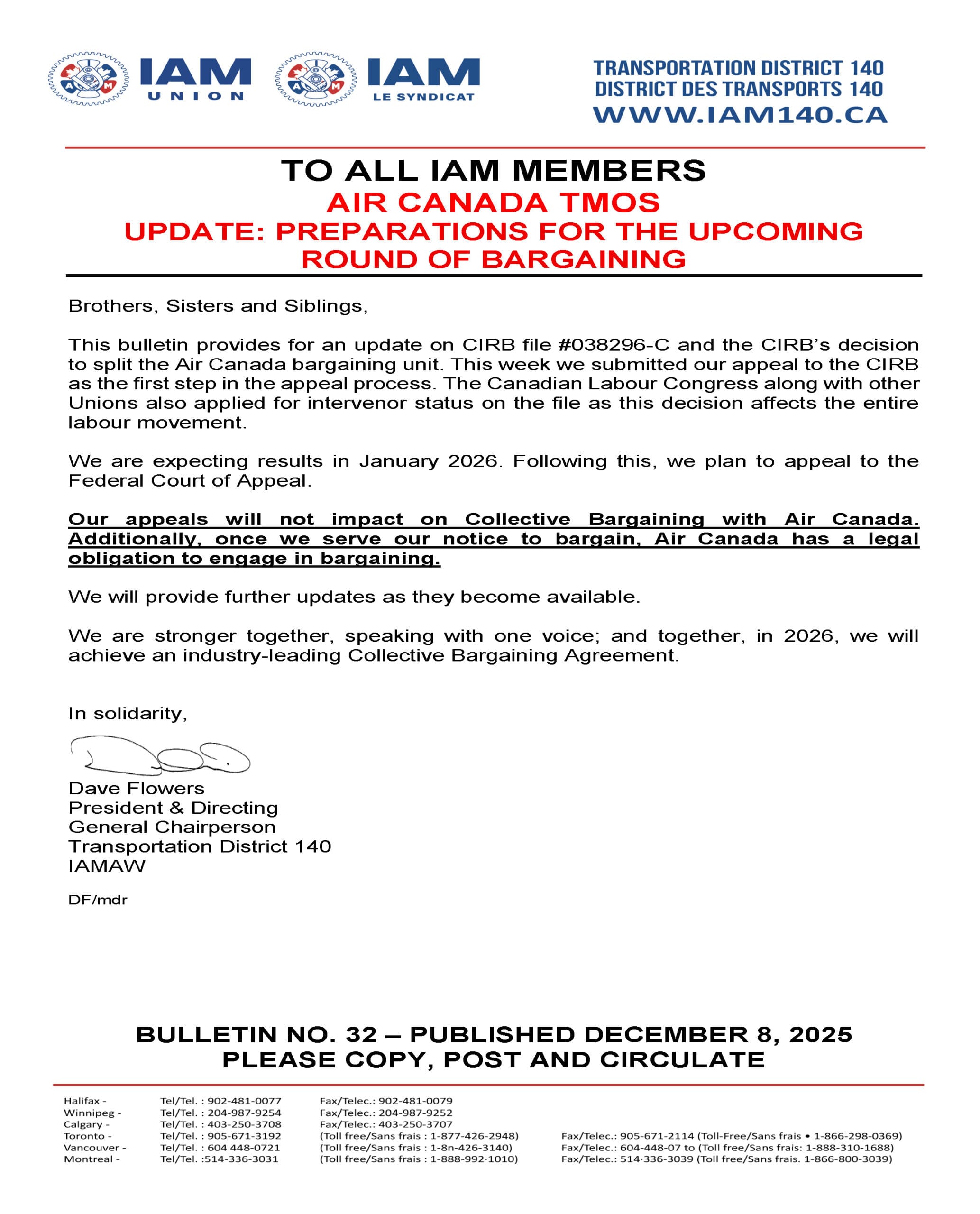 Bulletin No. 033 - Air Canada TMOS - Update Preparations for the Upcoming Round of Bargaining - December 8, 2025 - ENGLISH