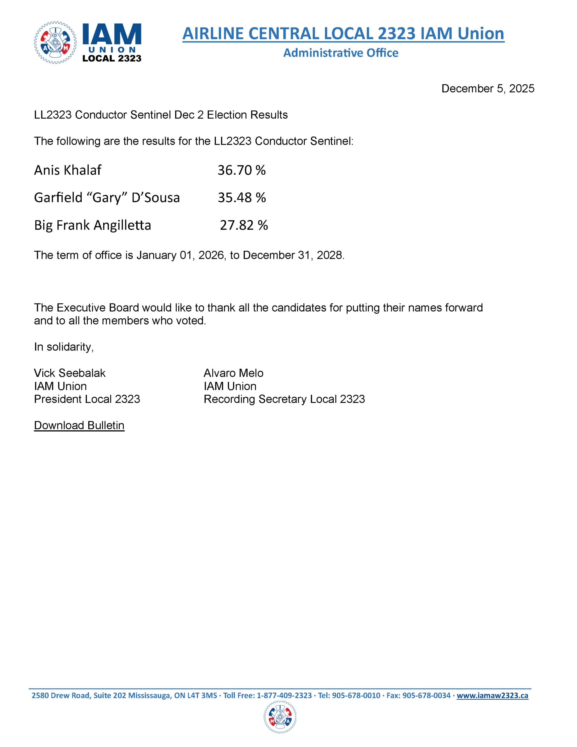 Conductor Sentinel Election results 2025