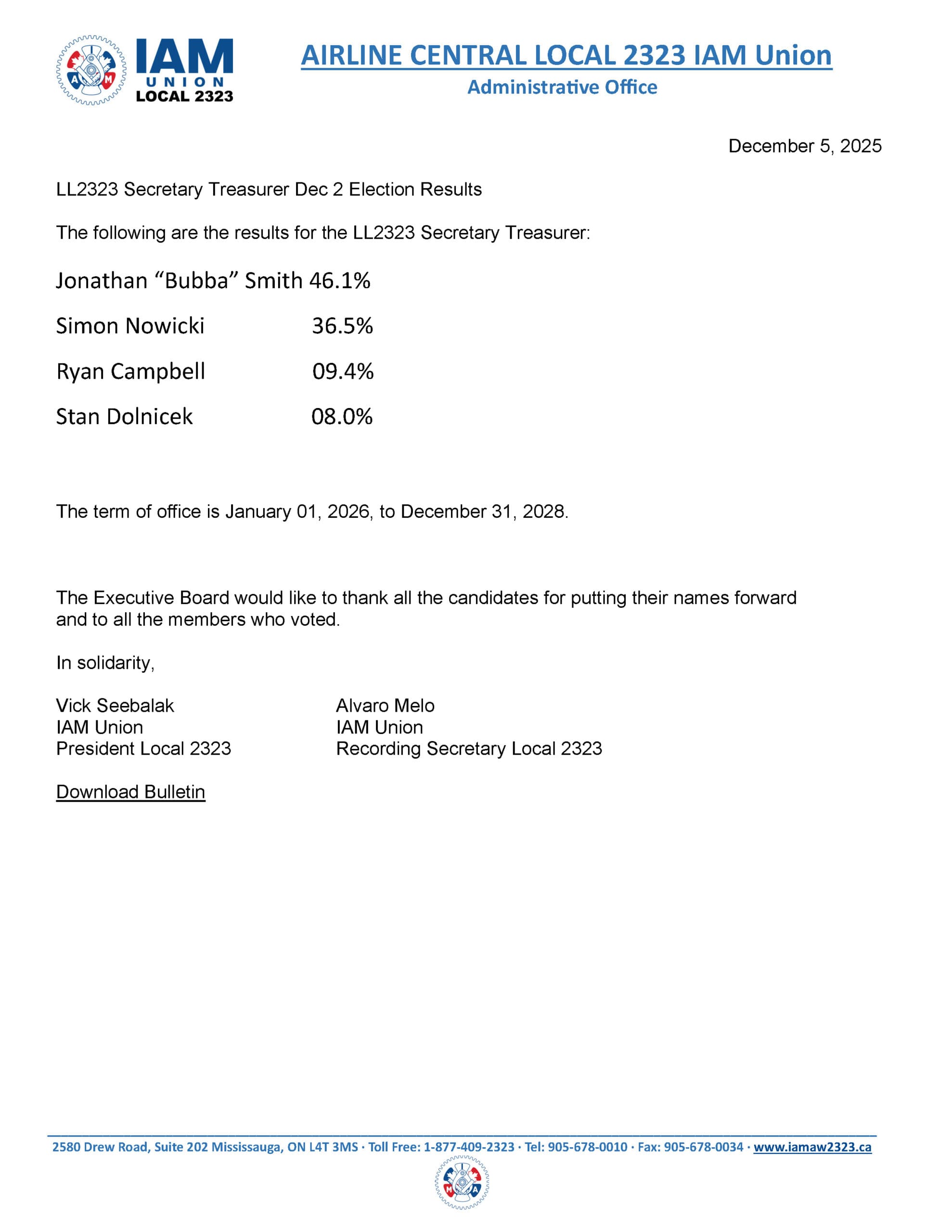 Secretary Treasurer Election results 2025