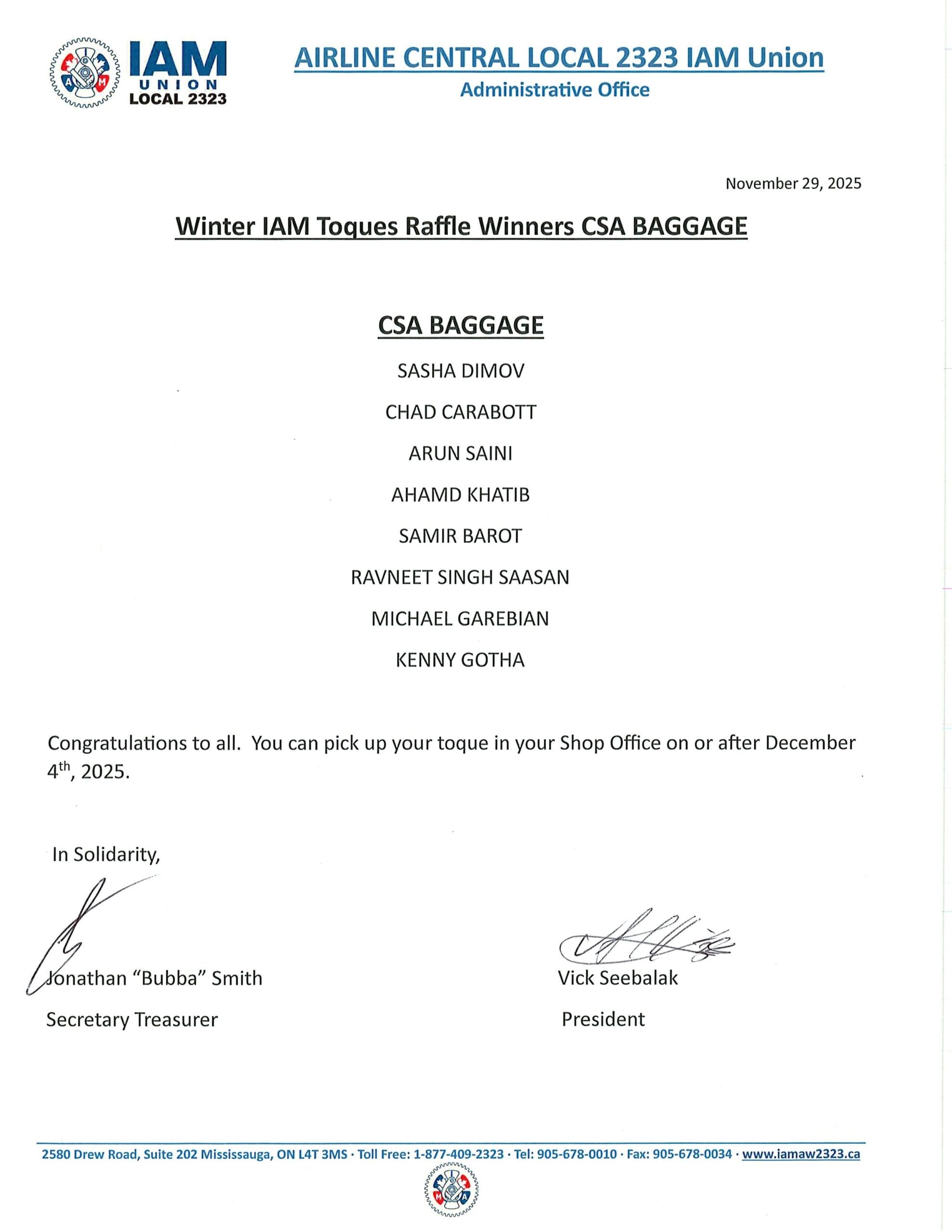 Winter IAM Toques Raffle Winners CSA Baggage