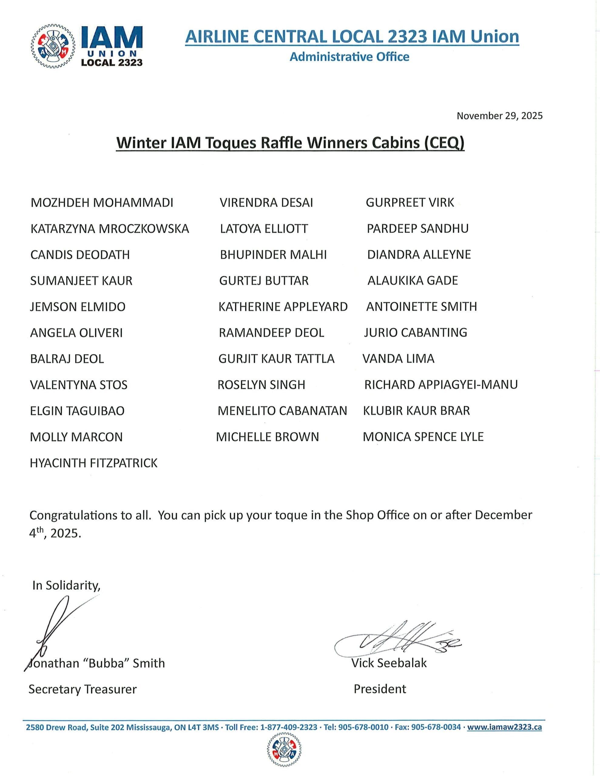 Winter IAM Toques Raffle Winners Cabins (CEQ) –- November 2025