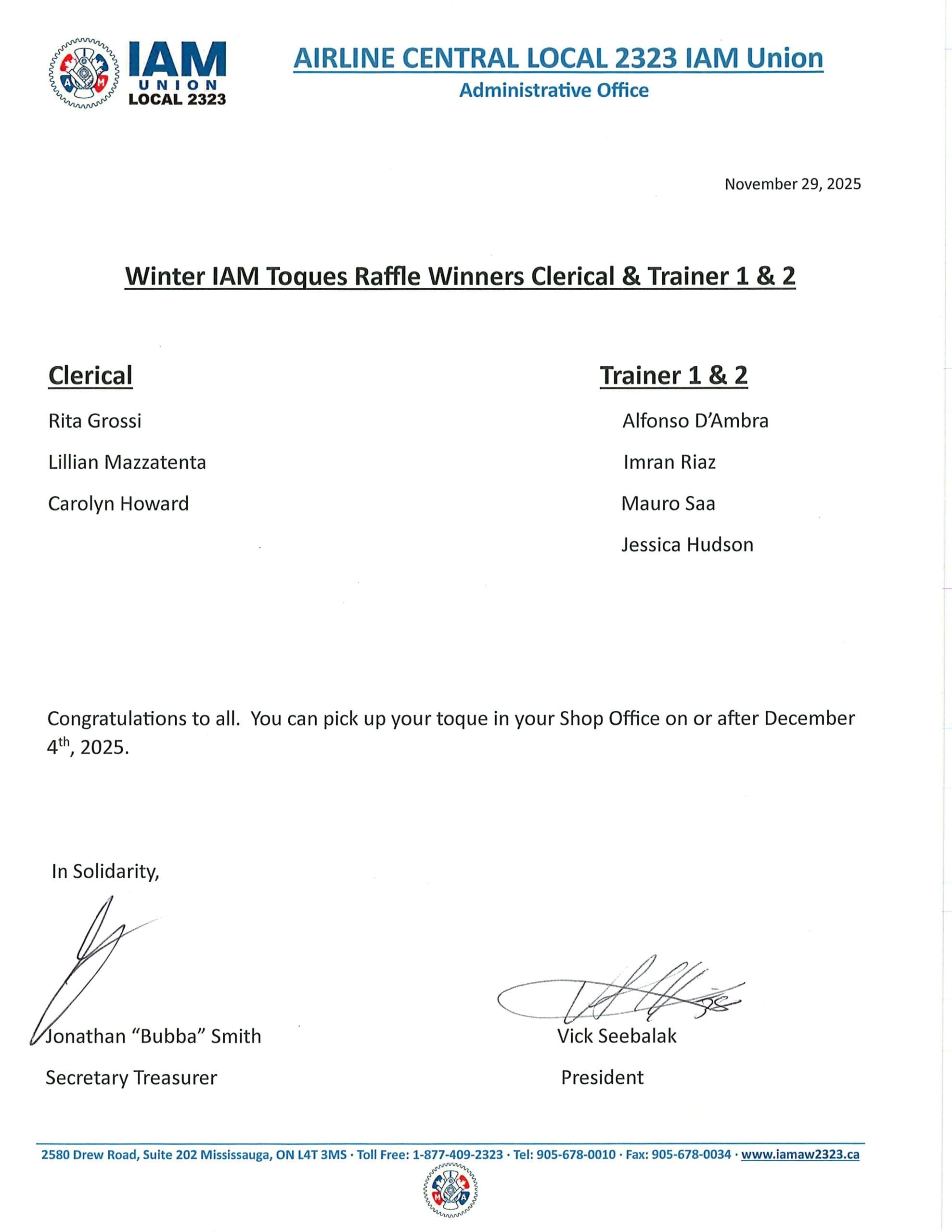 Winter IAM Toques Raffle Winners Clerical & Trainer 1 & 2