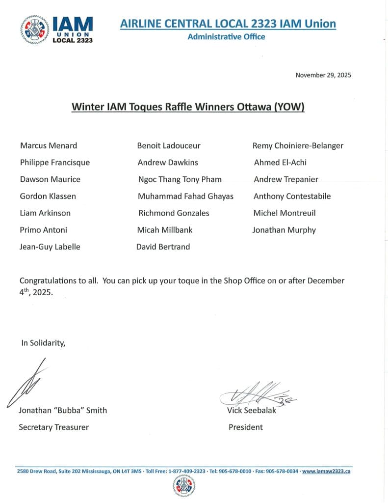 Winter IAM Toques Raffle Winners Ottawa (YOW)