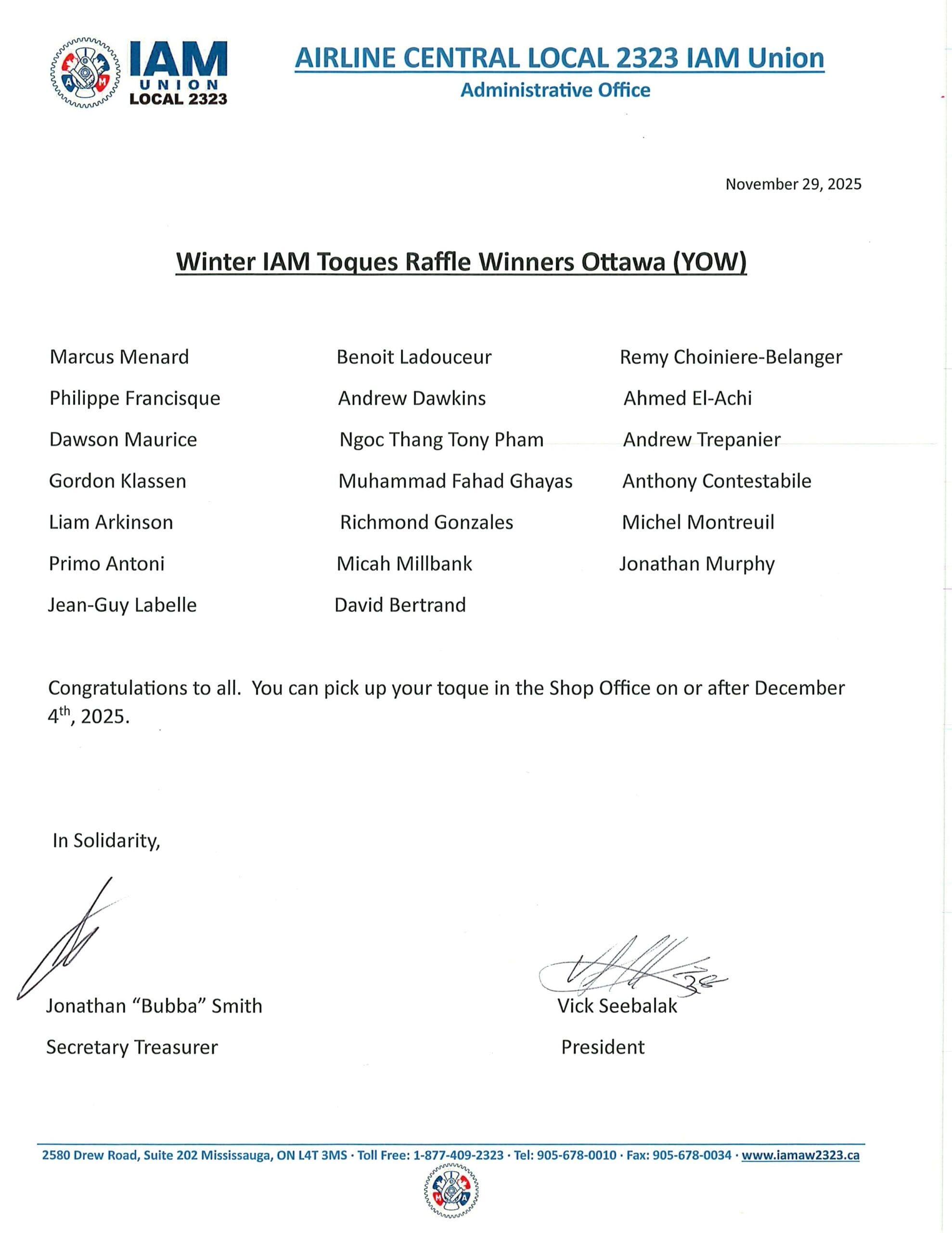 Winter IAM Toques Raffle Winners Ottawa (YOW)