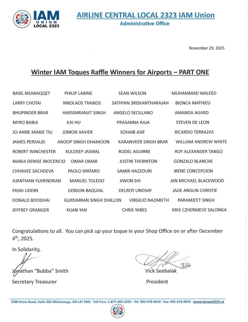 Winter IAM Toques Raffle Winners for Airports – Part One