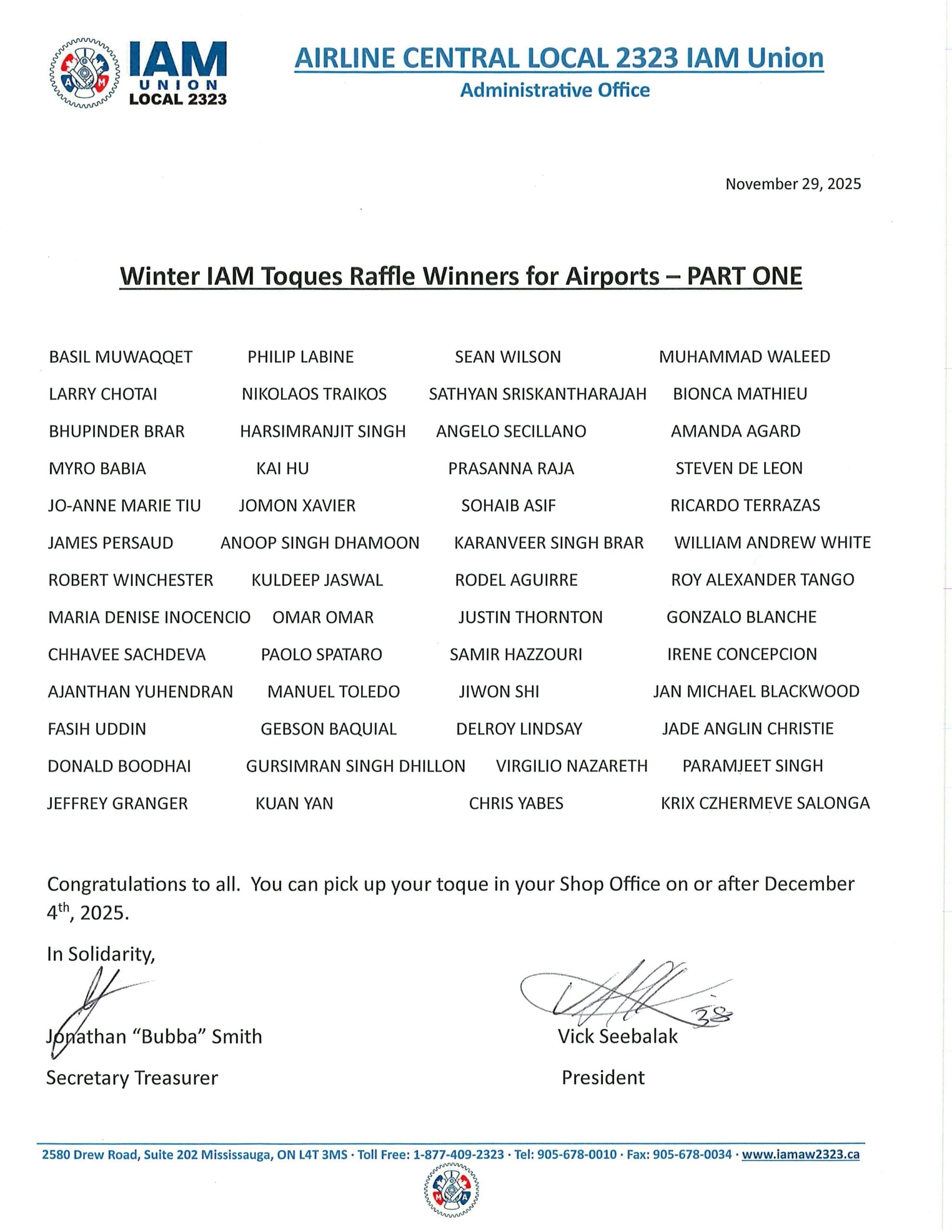 Winter IAM Toques Raffle Winners for Airports – Part One