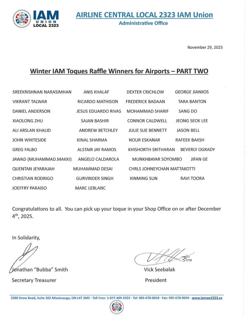 Winter IAM Toques Raffle Winners for Airports – Part Two