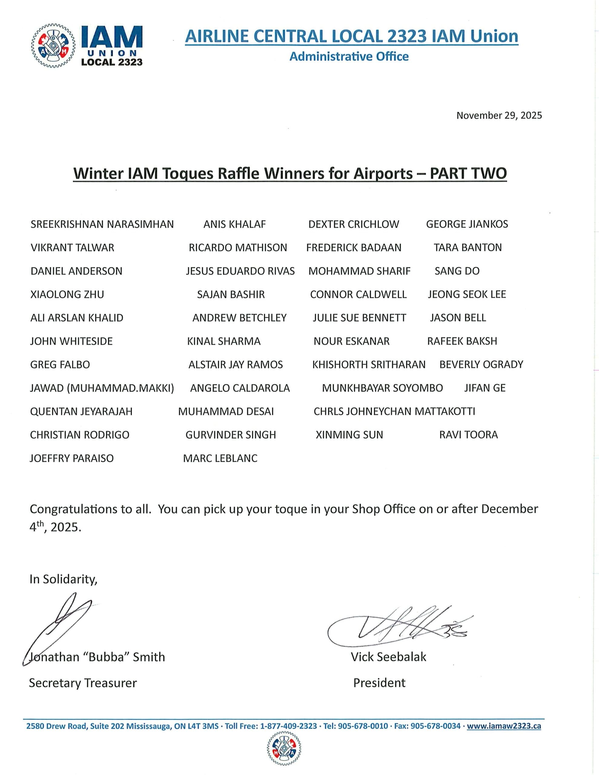 Winter IAM Toques Raffle Winners for Airports – Part Two