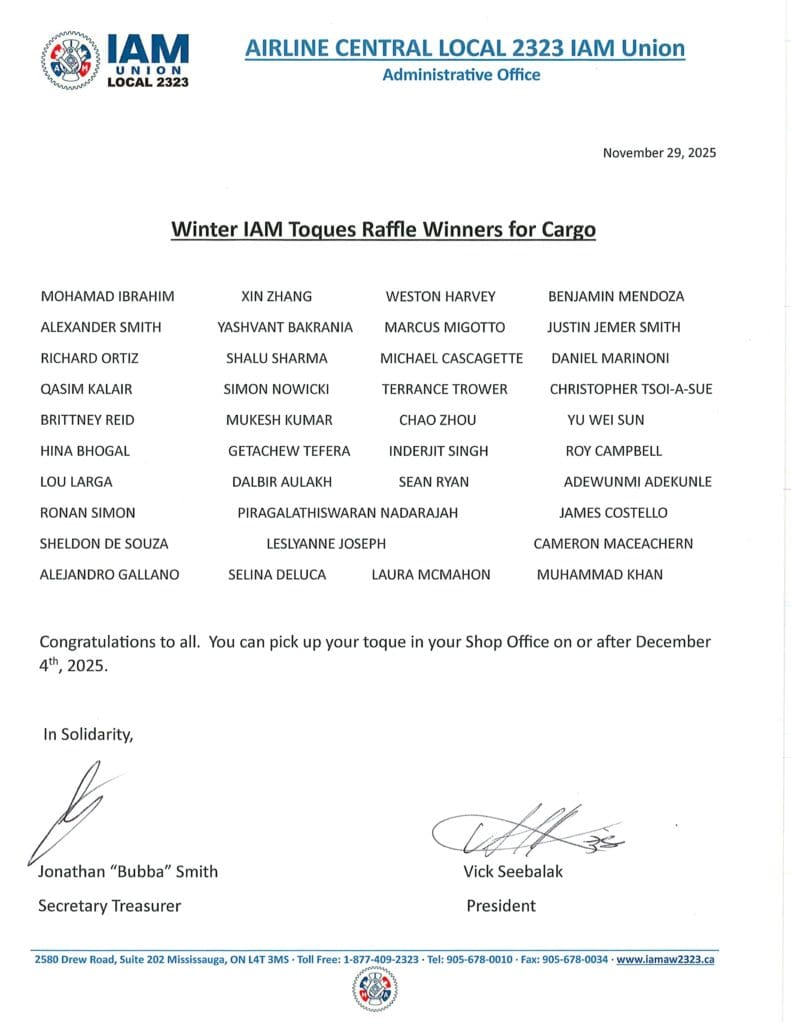 Winter IAM Toques Raffle Winners for Cargo