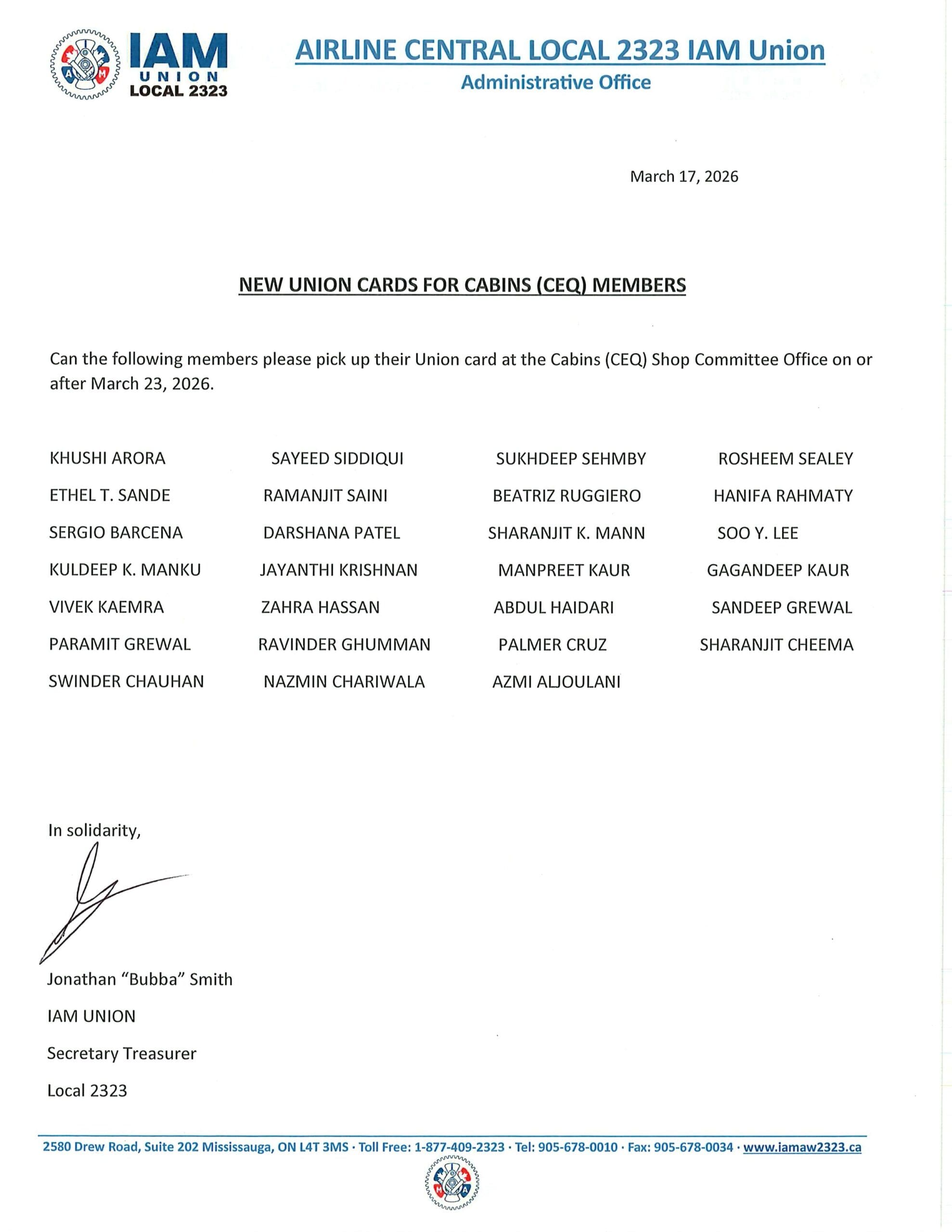 NEW UNION CARDS FOR CABINS (CEQ) MEMBERS