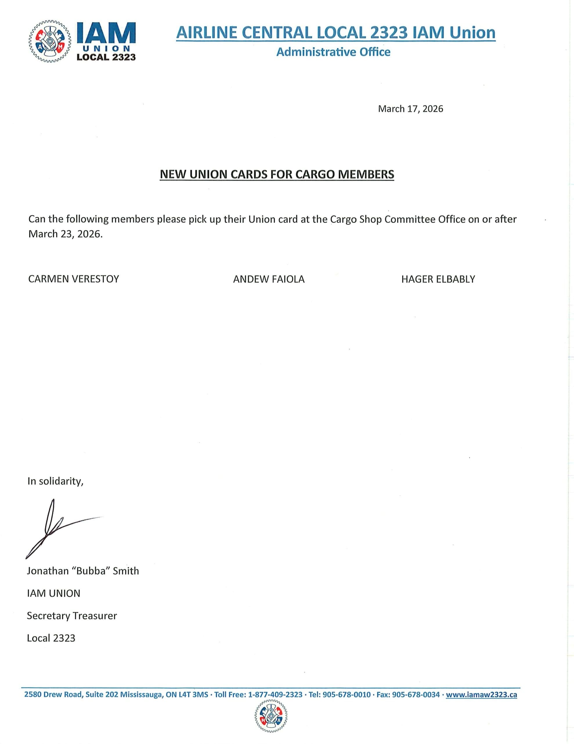 NEW UNION CARDS FOR CARGO MEMBERS