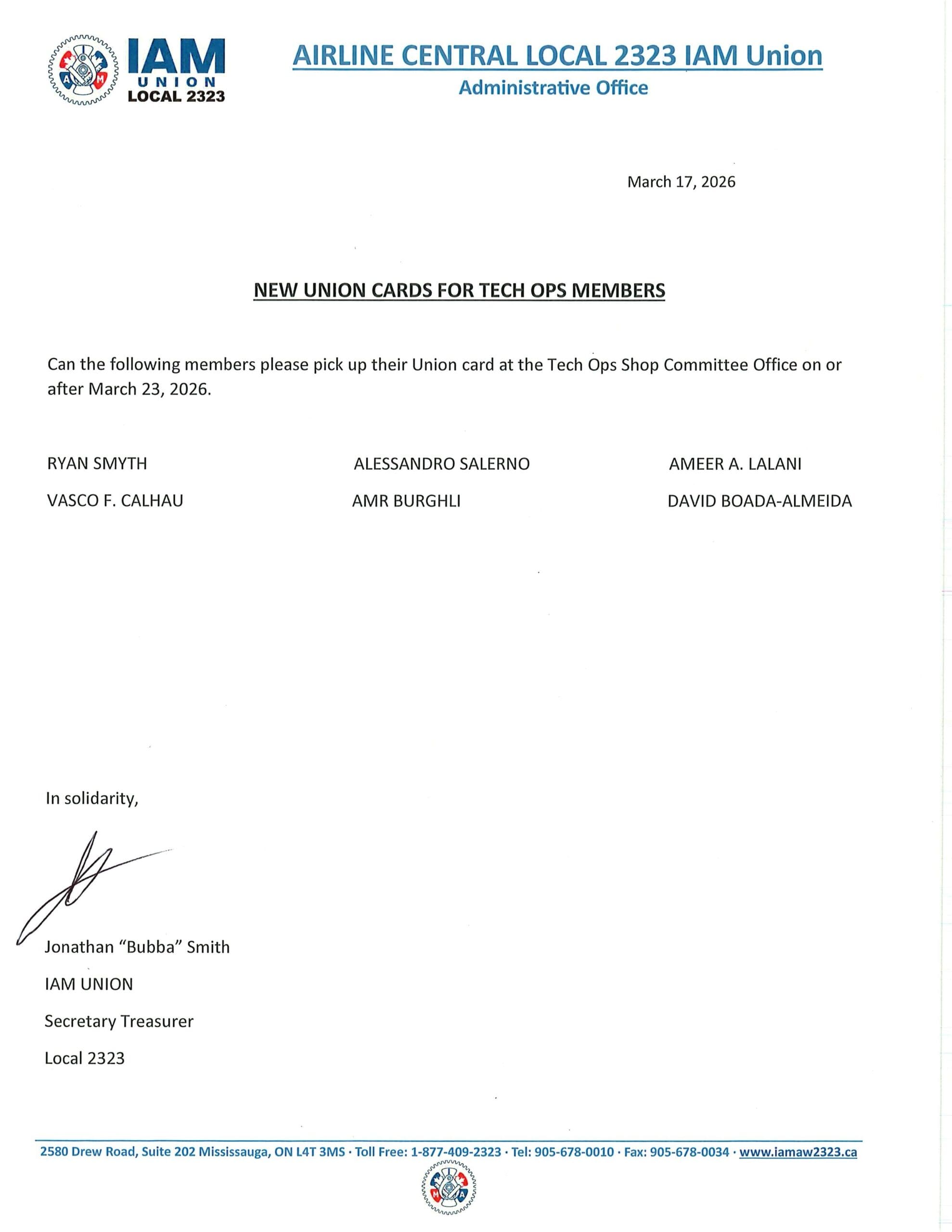 NEW UNION CARDS FOR TECH OPS MEMBERS