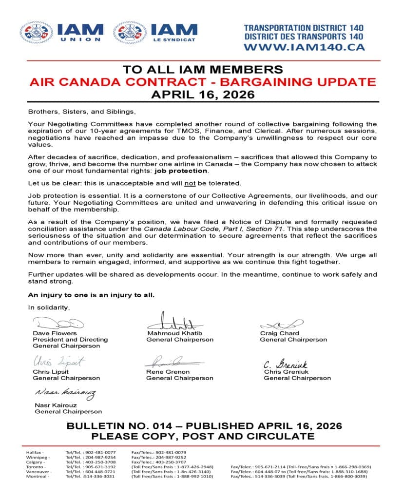Bulletin No. 014 - IAM Air Canada TMOS, Finance, Clerical - Bargaining Update - April 16 2026 - ENGLISH