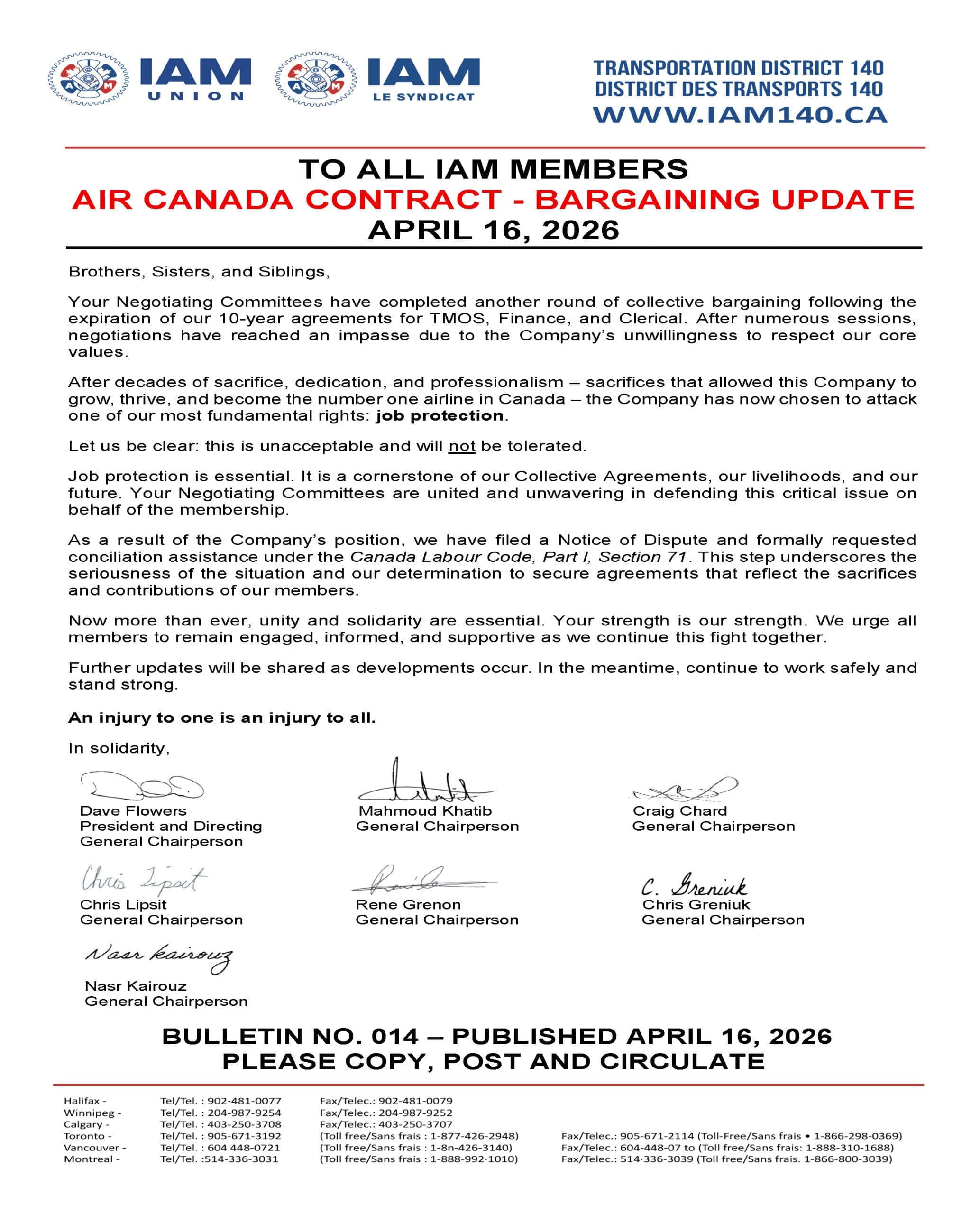 Bulletin No. 014 - IAM Air Canada TMOS, Finance, Clerical - Bargaining Update - April 16 2026 - ENGLISH