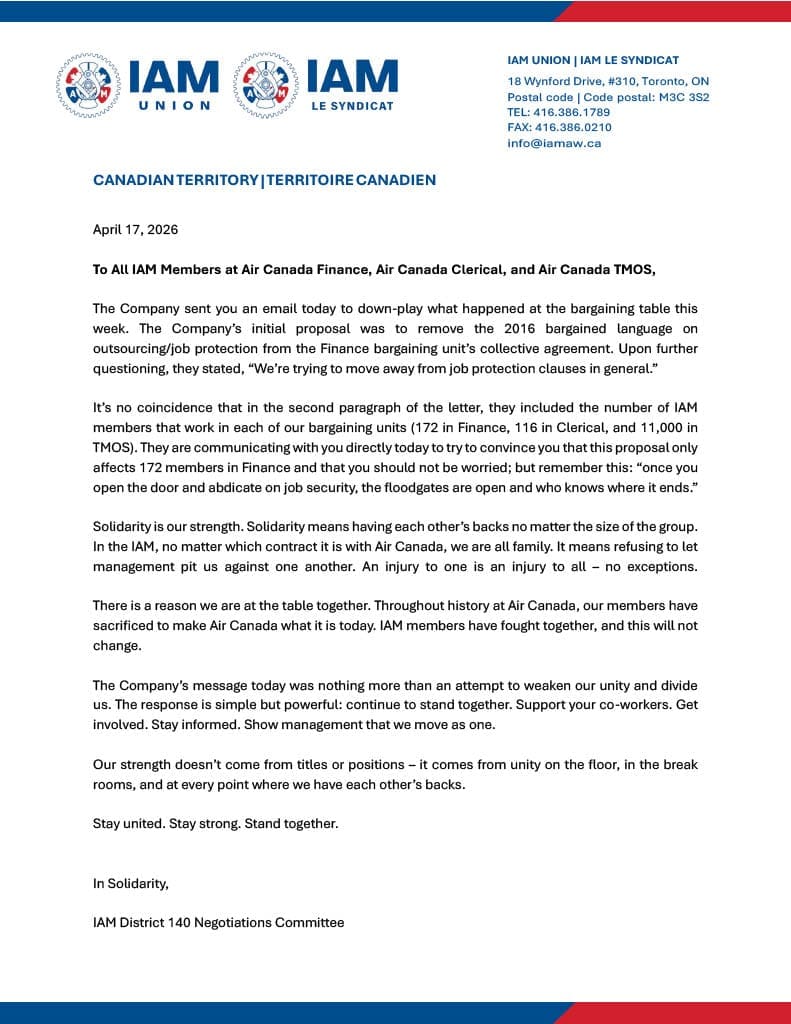 IAM Response to Air Canada Letter - April 17
