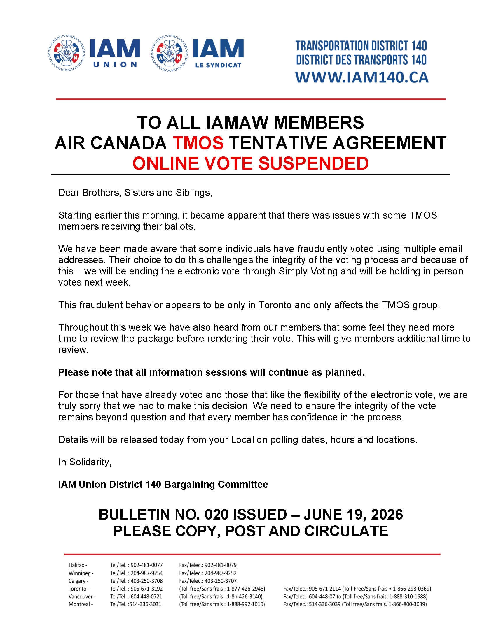 Bulletin No. 020 - VOTE SUSPENDED - IAM AIR CANADA TMOS - JUNE 19, 2026 - EN