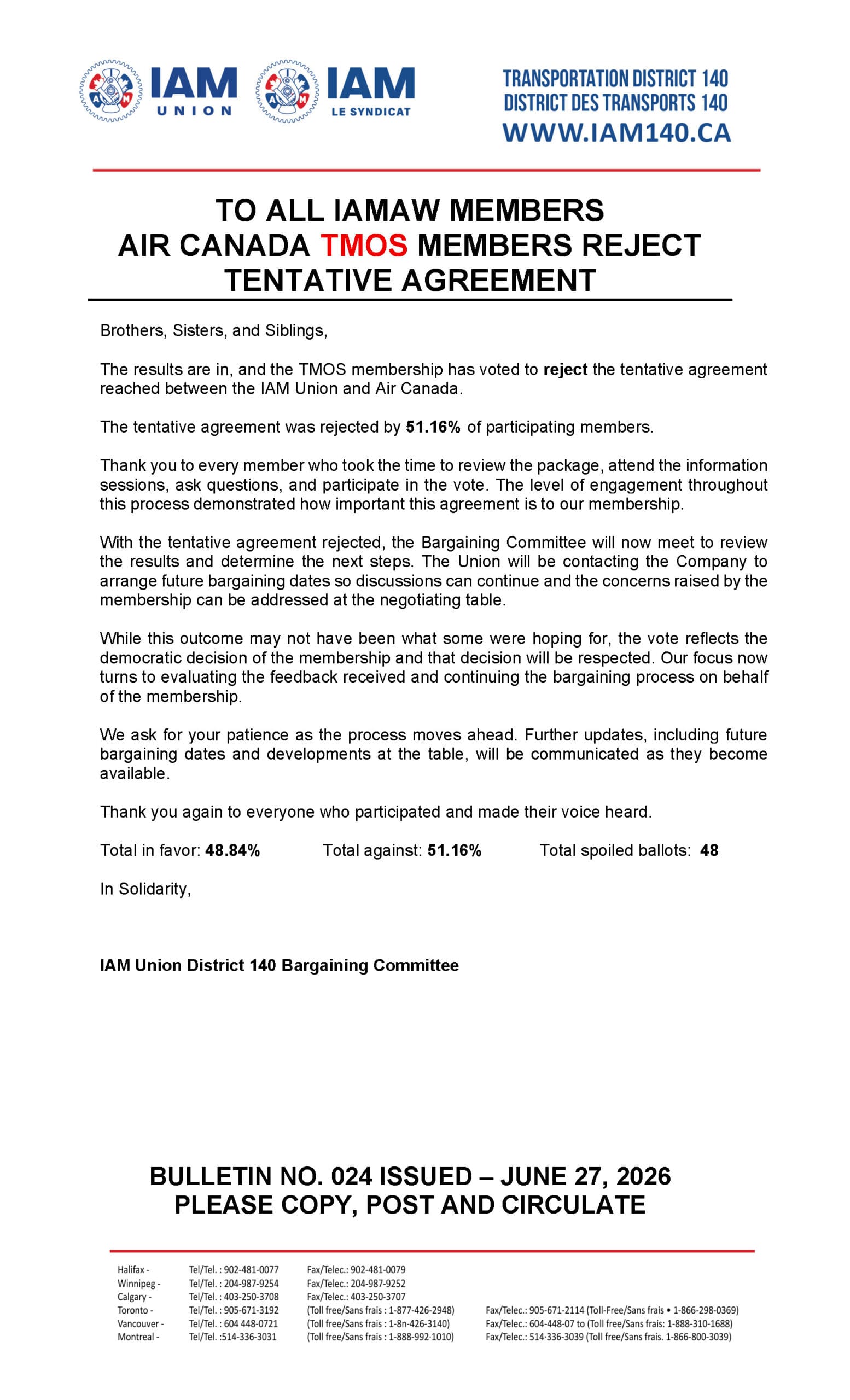 Bulletin No. 024 - IAM AIR CANADA TMOS - MEMBERS VOTE TO REJECT AGREEMENT - JUNE 27, 2026 - ENGLISH