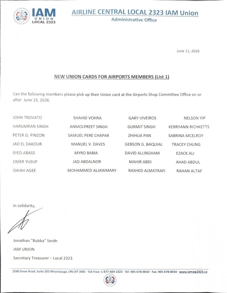 New Union Cards for Airports Members (List 1)