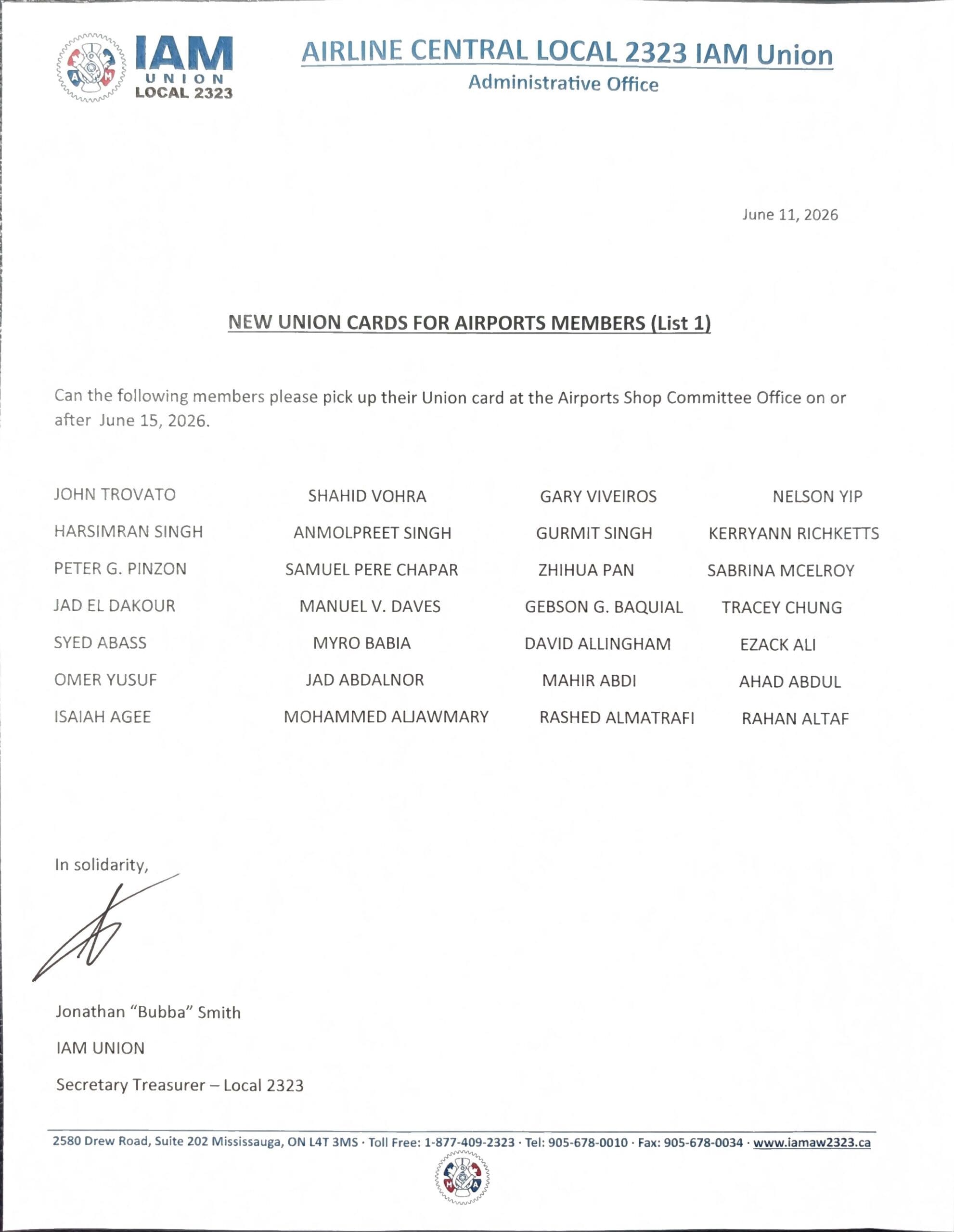 New Union Cards for Airports Members (List 1)