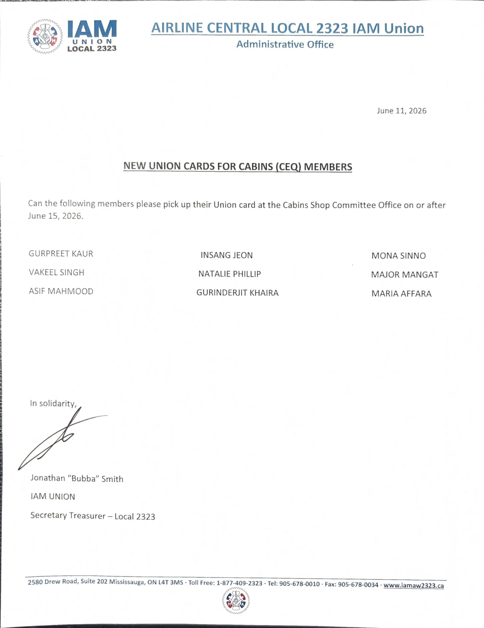 New Union Cards for Cabins (CEQ) Members