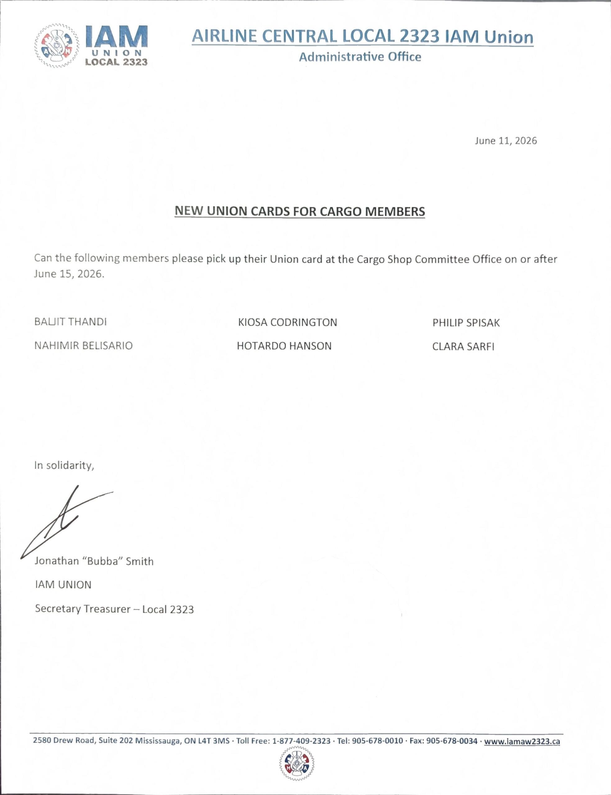 New Union Cards for Cargo Members