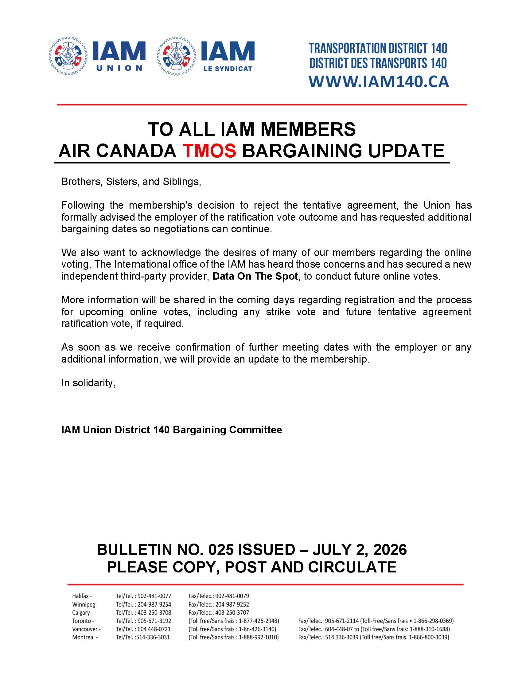 Bulletin No. 025 - BARGAINING UPDATE - IAM AIR CANADA TMOS - JULY 2, 2026 - ENGLISH