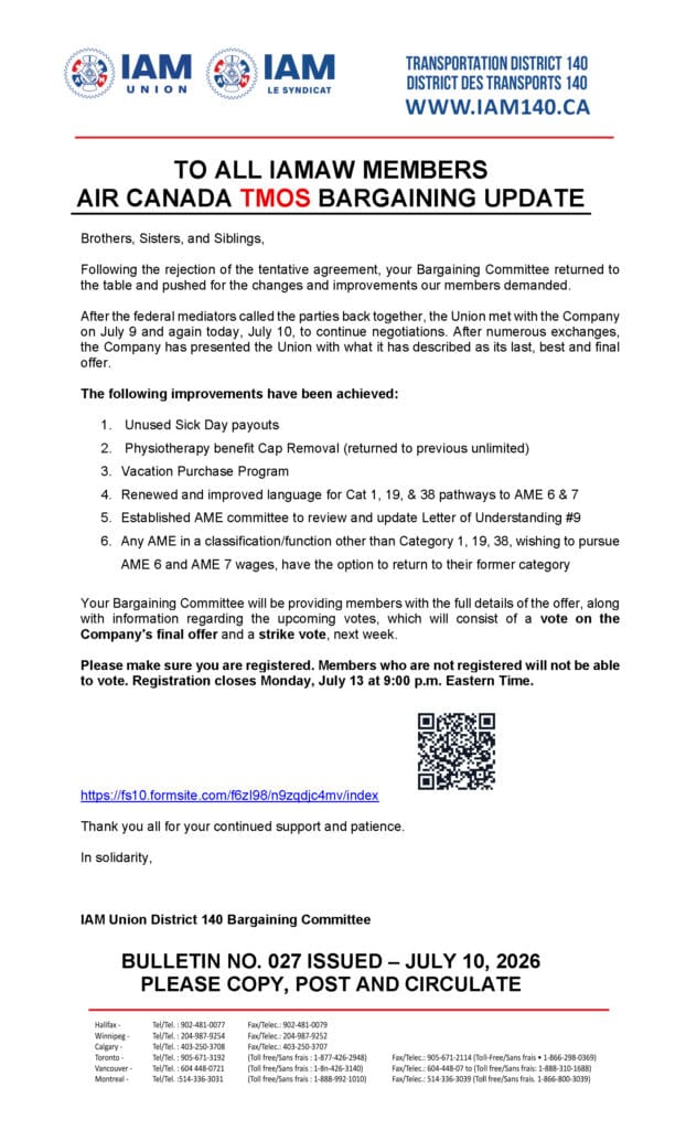 Bulletin No. 027 - IAM AIR CANADA TMOS - BARGAINING UPDATE - JULY 10, 2026 - ENGLISH
