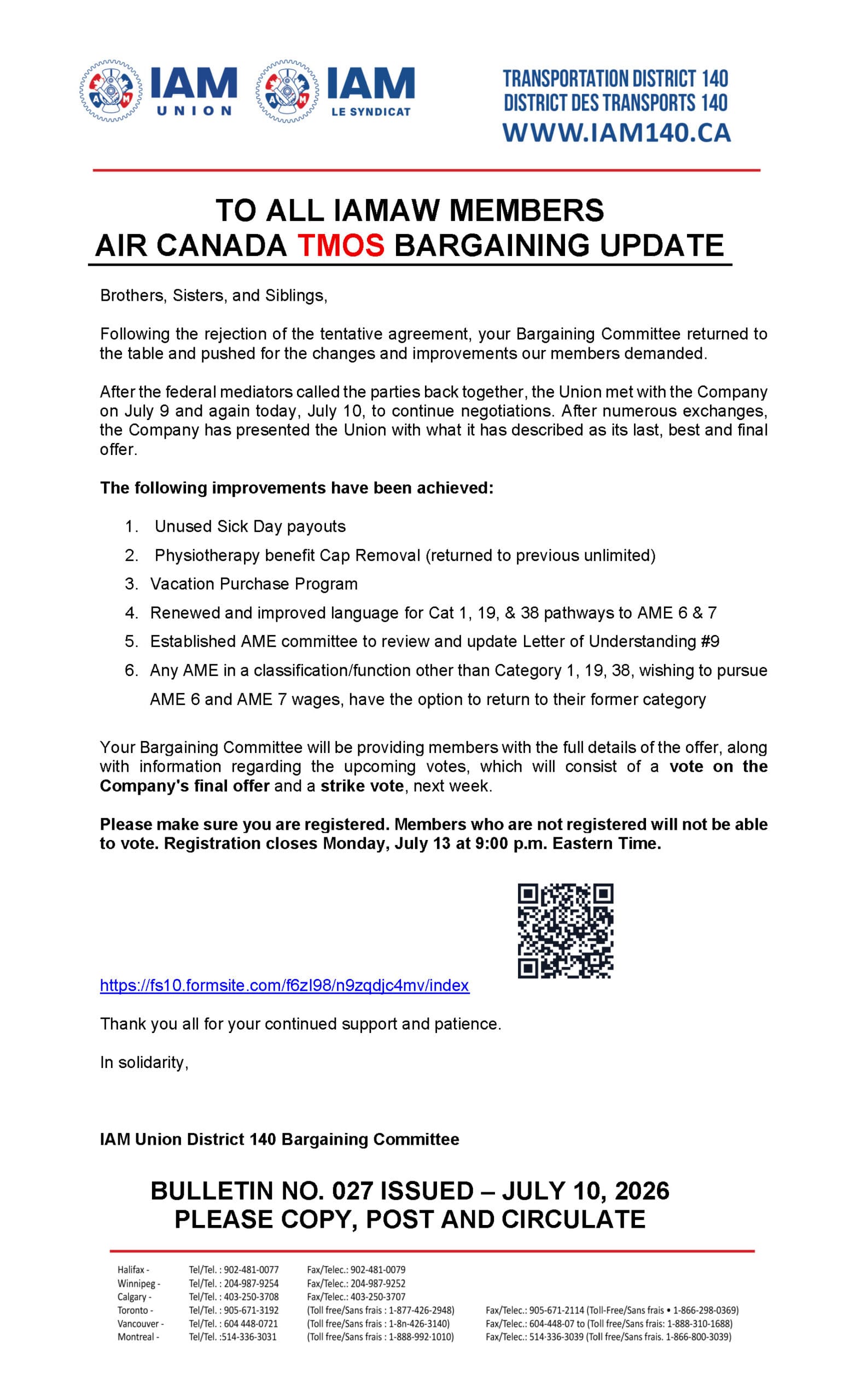 Bulletin No. 027 - IAM AIR CANADA TMOS - BARGAINING UPDATE - JULY 10, 2026 - ENGLISH
