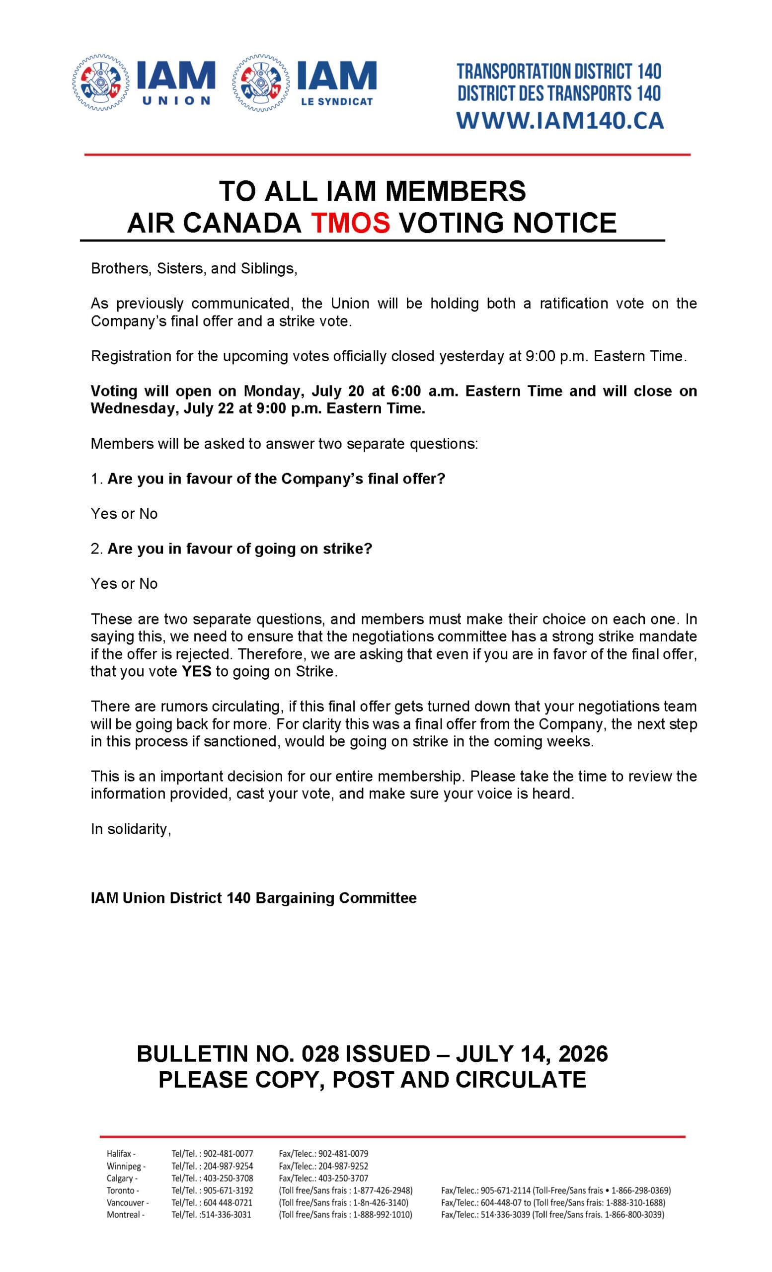 Bulletin No. 028 - IAM AIR CANADA TMOS - VOTING NOTICE- JULY 14, 2026 - ENGLISH