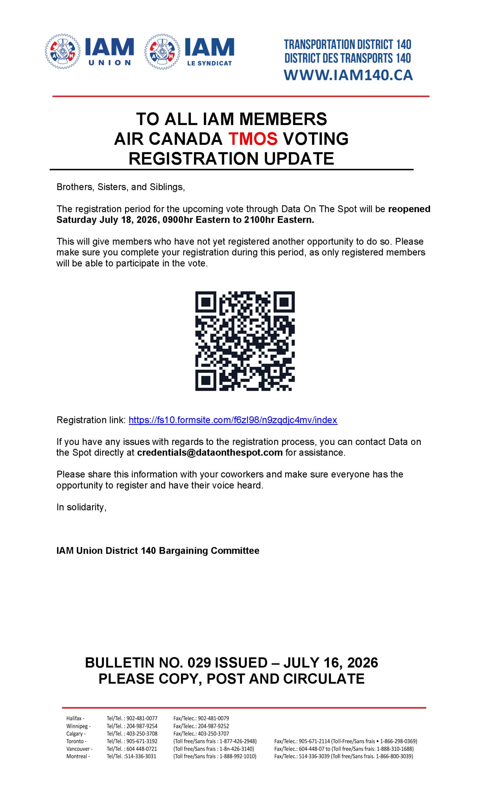Bulletin No. 029 - IAM AIR CANADA TMOS - VOTE REGISTRATION UPDATE - JULY 16, 2026 - ENGLISH