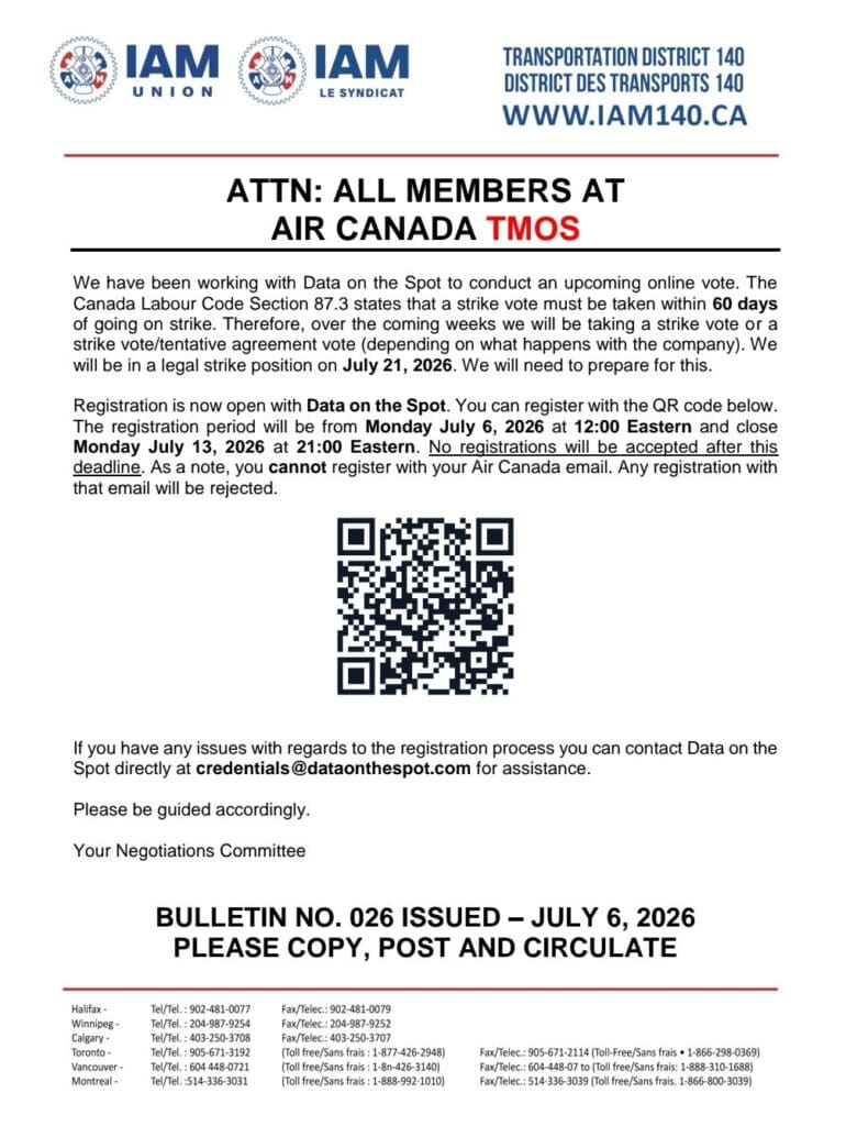 Air Canada TMOS Registration for Upcoming Online Vote – Bulletin No. 026