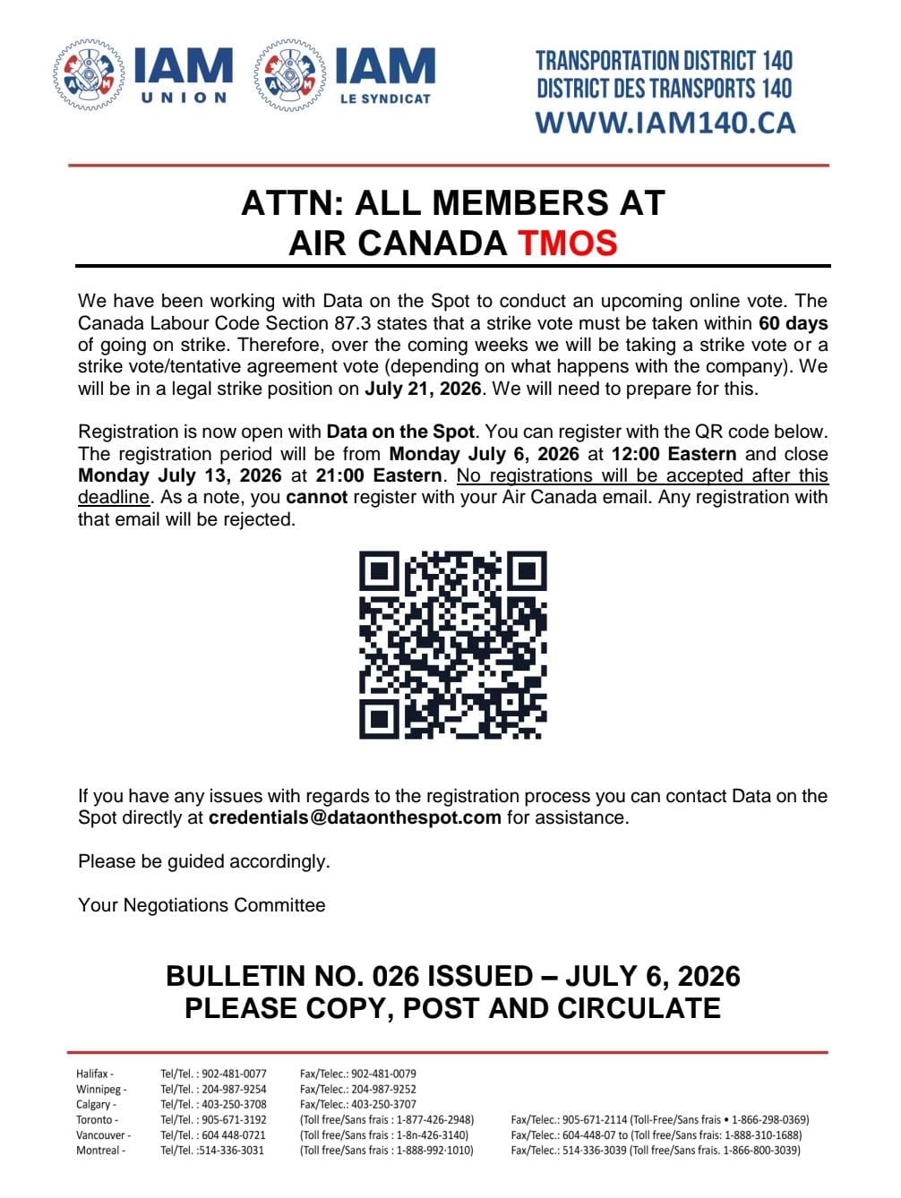 Air Canada TMOS Registration for Upcoming Online Vote – Bulletin No. 026