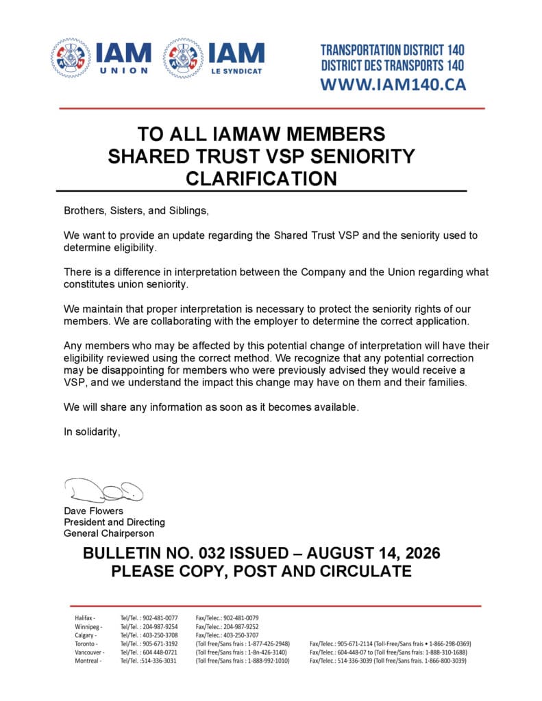 Bulletin No. 032- IAM SHARED TRUST VSP SENIORITY CLARIFICATION- AUGUST 14, 2026 - ENGLISH